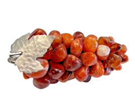 Grape Cluster Tumbled Carnelian Agate Stones Silver Leaf 4 Inches Long Vintage - £22.30 GBP