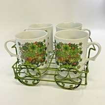Vintage Japan Flower Cart 4 Pedestal Cups Coffee Tea Mugs &amp; Metal Cart Set - $46.75