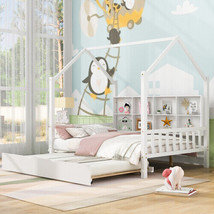 Wooden Full Size House Bed with Trundle,Kids Bed with Shelf, White - £302.17 GBP