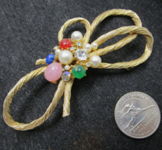 Vintage Large Gold Twisted Rope Bow Brooch Gem Stone Faux Pearl Rhinestone Pink - $22.72