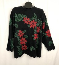VTG Holiday Time Black Poinsettia Metallic Sweater LARGE Christmas Top 90s - $21.59