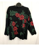VTG Holiday Time Black Poinsettia Metallic Sweater LARGE Christmas Top 90s - £16.88 GBP