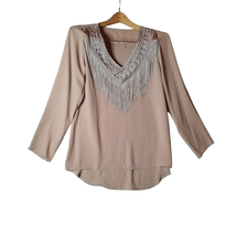 Soft Surroundings Women M Stevie Fringe Blouse Tan Long Sleev Boho Disco Cowgirl - £15.70 GBP