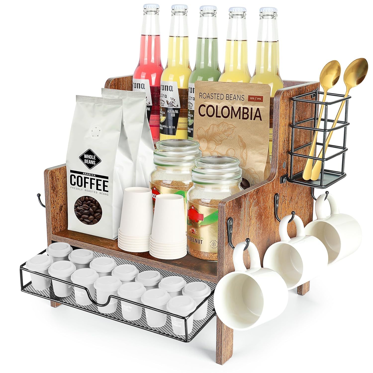 3-Tier Coffee Station Organizer For Countertop, Wood Coffee Bar Organizer With D