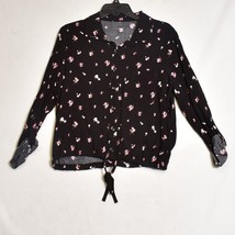 No Boundaries Button Front Blouse Top Womens Medium Black Floral Long Sleeve - $11.34