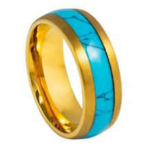 Tungsten Ring Dome Yellow Gold Blue Plated Blue Turquoise Inlay 8mm Band Wedding - £31.01 GBP