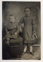 Antique Tintype Photo of Adorable Little Boy and Girl Well Dressed Children Kids - £15.93 GBP