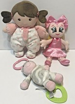 Lot of 3 Plush Carters Tippi Toes Baby Dolls Rattles and Hippo Rattle Te... - $18.54