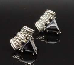 925 Sterling Silver - Vintage Triangle Black Onyx &amp; Marcasite Earrings -... - £29.41 GBP