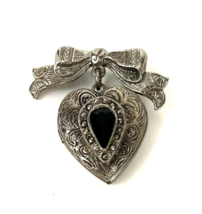 Vintage Heart Bow Locket Pin Dangler MARCASITE Victorian revival cottagecore - £23.73 GBP