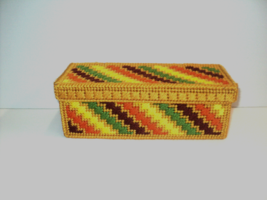 Handmade Trinket Box Needlepoint Gold, Green, Brown, Orange, Yellow Vintage - $29.03