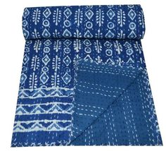 Pure Cotton Handmade Indian Kantha Quilt Hand Block Blue Print Quilt Throw Blank - £54.79 GBP