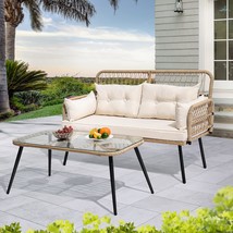 Yitahome 2-Piece Patio Furniture Wicker Outdoor Loveseat,, Light Brown+B... - $285.99