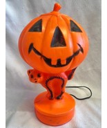 Working Vtg Halloween Blow Mold Pumpkin Orange Light Up Cat Plugs In Ele... - £31.57 GBP