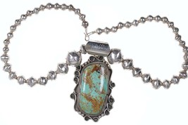 Large Navajo Sterling and Turquoise Pendant with Beaded necklace - £332.42 GBP