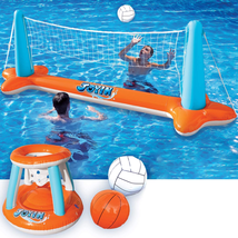 Inflatable Pool Float Set Volleyball Net &amp; Basketball Hoops Raft Orange NEW - £37.48 GBP