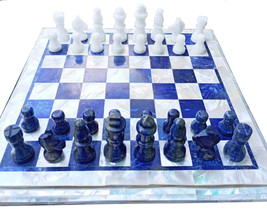 Blue Lapis Lazuli Stone Elegant Chess Board Set 2&quot; Pieces MOP Stone Games Decors - £354.58 GBP+
