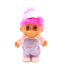 Vintage Russ Troll 5&quot; Doll Purple Polka Dot Overalls and Hat Pink Shirt and Hair - $13.86