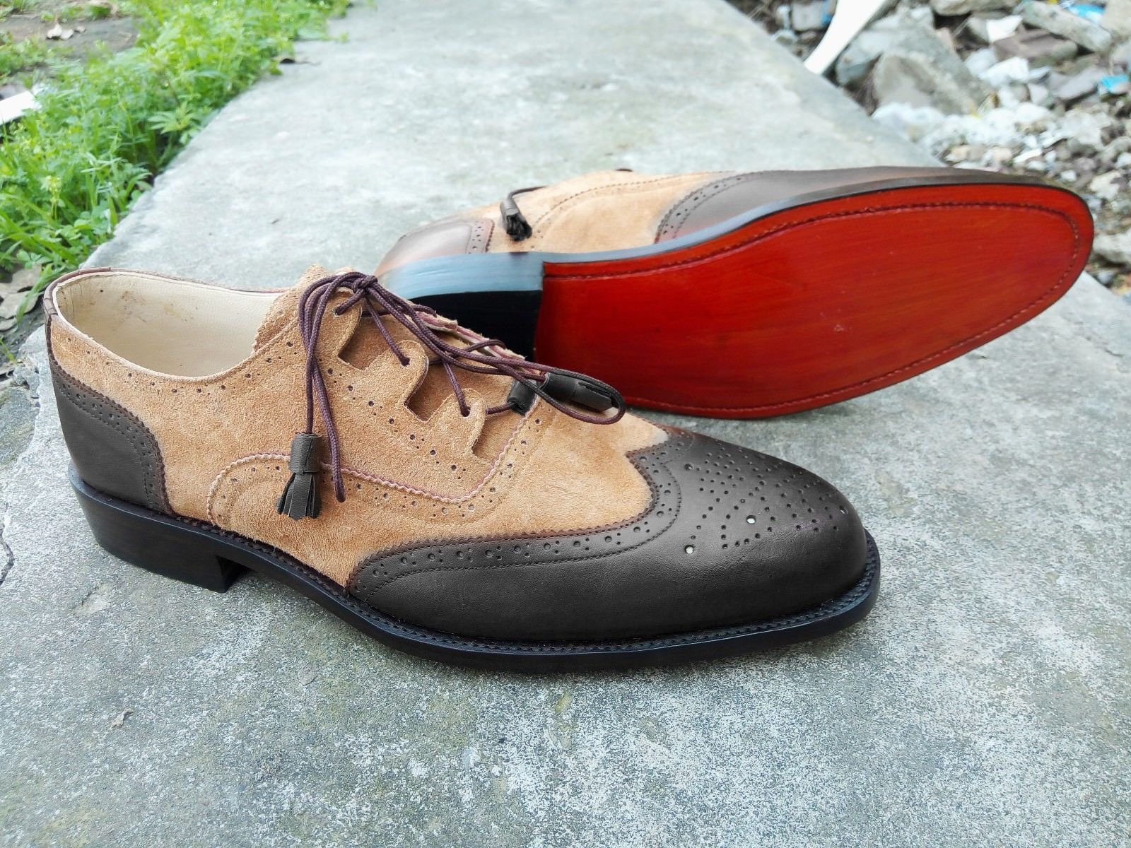 NEW Handmade Mens Black Leather Beige Suede Wing Tip Shoes, Lace Up Formal New S Item image 2