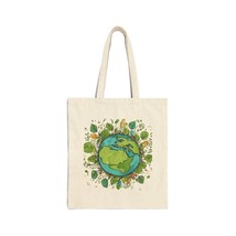 New Cotton Canvas Tote Bag Earth Day Graphic Beige Green 15 in x 16 in  - £9.01 GBP