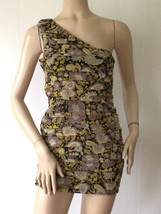 NEW ZARA One Shoulder Metallic Floral Ruched Mini Dress in Gold/Purple (Size S) - £31.42 GBP