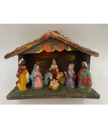Vintage Nativity Scene Christmas Figures, Wood &amp; Moss Stable Manger Crec... - $45.26 CAD