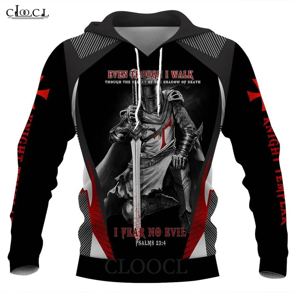 CLOOCL Knights Templar Hoodie 3D Graphic I Walk Thought The Valley of The Shadow - £143.14 GBP