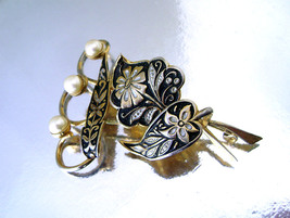  Vintage Damascene Brooch Enamel Gold Inlay Faux Pearl Toledo Jewelry 1950s - $25.00