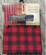 13 PC BUFFALO PLAID PRIMITIVE RED 72&quot; SHOWER CURTAIN HOOKS BLACK CHECK SET - €25,02 EUR