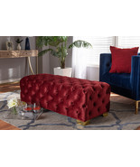 Gates Burgundy Velvet Fabric Gold Finished Button Tufted Bench Ottoman - $9,409.49 MXN