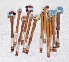 Lot of 12 Antique Lace Making Wood Bobbins just over 4&quot; with Bead Spangle - $64.35