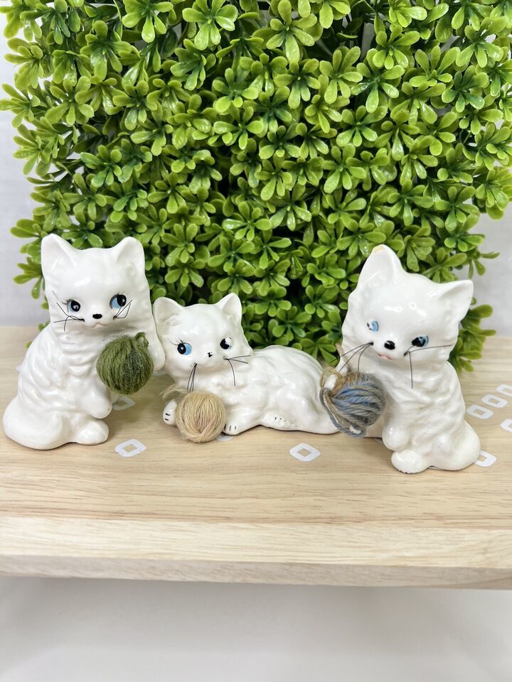 VTG Set of 3 Enesco Ceramic Cat Figurine Ball of Yarn White Feline Blue Green - $11.30