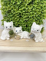 VTG Set of 3 Enesco Ceramic Cat Figurine Ball of Yarn White Feline Blue ... - £8.88 GBP