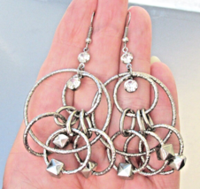 Vintage Hammered Silver Multi HOOPs, Squares, Rhinestone Dangle BIG Earr... - $12.82