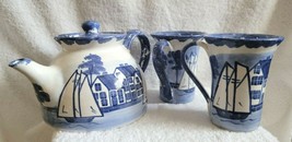 Vintage Dover Foxcroft SHARD Pottery Coffee Pot &amp; 2 Cups SAILBOAT Nautic... - £100.75 GBP