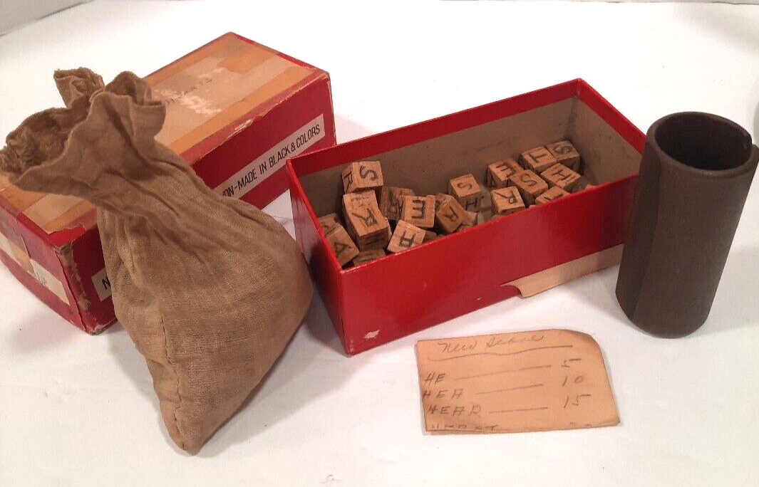 Antique Word Dice Game of Hearts HANDMADE Cubes w Handwritten Scorecard & Cup - £16.18 GBP
