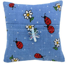 Tooth Fairy Pillow, Blue, Ladybug &amp; Flower Print Fabric, Iridescent Flower Bead  - £3.93 GBP