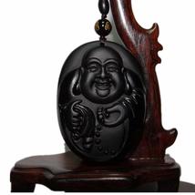 1.8&quot; China Certified Nature Black Obsidian Jade Laughing Buddha Hand Made Neckla - £39.30 GBP