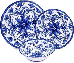 Floral Dinnerware Set For 4 Melamine Dishes Plates Bowls White Blue 12 Piece New - £43.83 GBP