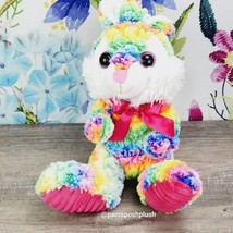 Midwood Brands Bunny Rabbit Plush 15&quot; Rainbow Colors Tie Dye Easter Pink Bow  - £11.94 GBP