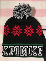 Victoria&#39;s Secret Pink Black White Green Red Fair Isle Pom Pom Beanie Hat - £11.27 GBP