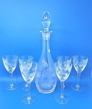 Vtg Crystal Etched  Romania Leaf Floral Pattern 6 Wine Glasses w Decanter U263 - £102.21 GBP