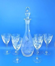 Vtg Crystal Etched  Romania Leaf Floral Pattern 6 Wine Glasses w Decanter U263 - £102.70 GBP