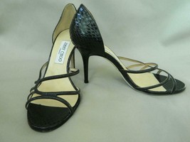 Jimmy Choo Strappy Heels D&#39;Orsay Pump Black Glitter Elaphe Snake Sandals 39.5 - £58.84 GBP