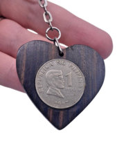 Vintage Philippines Coin Keychain Ring Fob Wood Heart 1997 90s Souvenir - $9.49