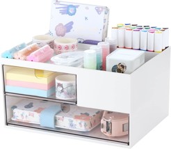 Comix Desk Organizer With 2 Drawer And 4 Compartments,Plastic Makeup, Home White - £33.55 GBP