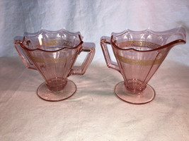 Pink Depression Glass Creamer And Sugar 8 Sided With Gold Trim Mint - $24.99