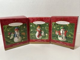 2011 Set Of 3 New Family Ornaments Snowman Mom, Dad, Daughter Cute Carved Effect - £13.51 GBP