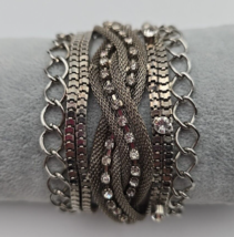 Silver Tone Multi Strand Chain Mesh Rhinestone Magnet Closure Bracelet - 7.25&quot; - £15.25 GBP