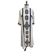 VTG 70s Pembrook Cream Black Block Print Maxi Dress Linen Boho Luxe Sz L - $2,026.56 MXN